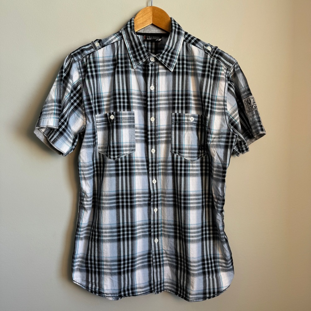 Vintage 55 Mens Short Sleeve Plaid Button Up Shirt Gray Blue Medium Y2K Skater